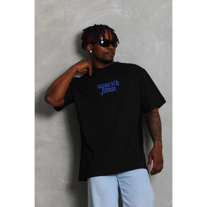 Erkek Baskılı Tişört Kısa Kol Bisiklet Yaka Oversize T-Shirt - - Siyah