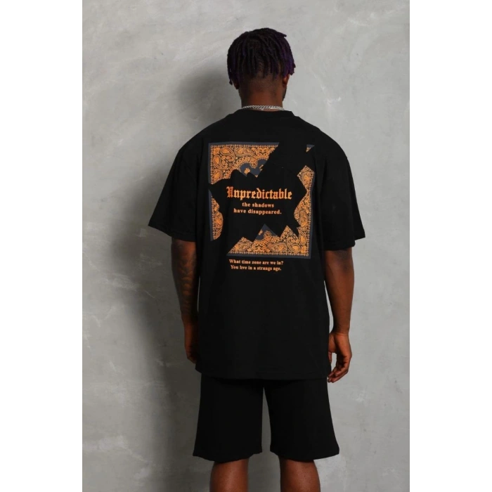Erkek Baskılı Tişört Kısa Kol Bisiklet Yaka Oversize T-Shirt - Siyah