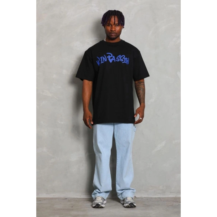 Erkek Baskılı Tişört Kısa Kol Bisiklet Yaka Oversize T-Shirt - Siyah