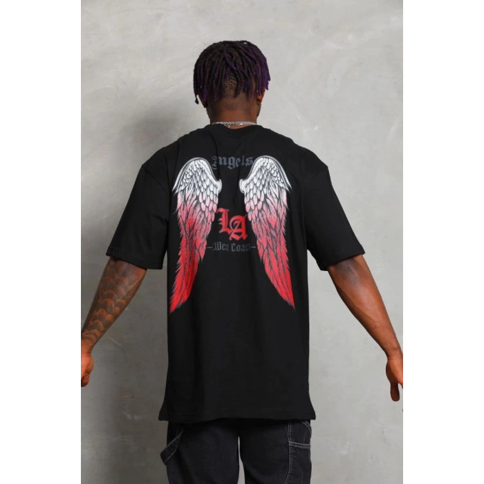 Erkek Baskılı Tişört Kısa Kol Bisiklet Yaka Oversize T-Shirt - Siyah