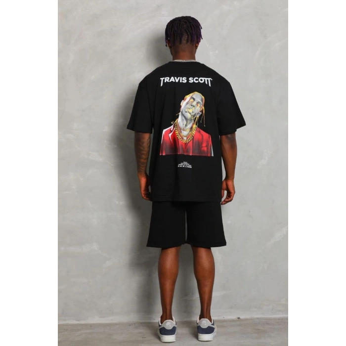 Erkek Baskılı Tişört Kısa Kol Bisiklet Yaka Oversize T-Shirt - Siyah