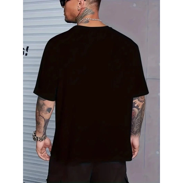 Erkek Baskılı Tişört Kısa Kol Bisiklet Yaka Regular fit Rahat kalıp T-Shirt - Siyah