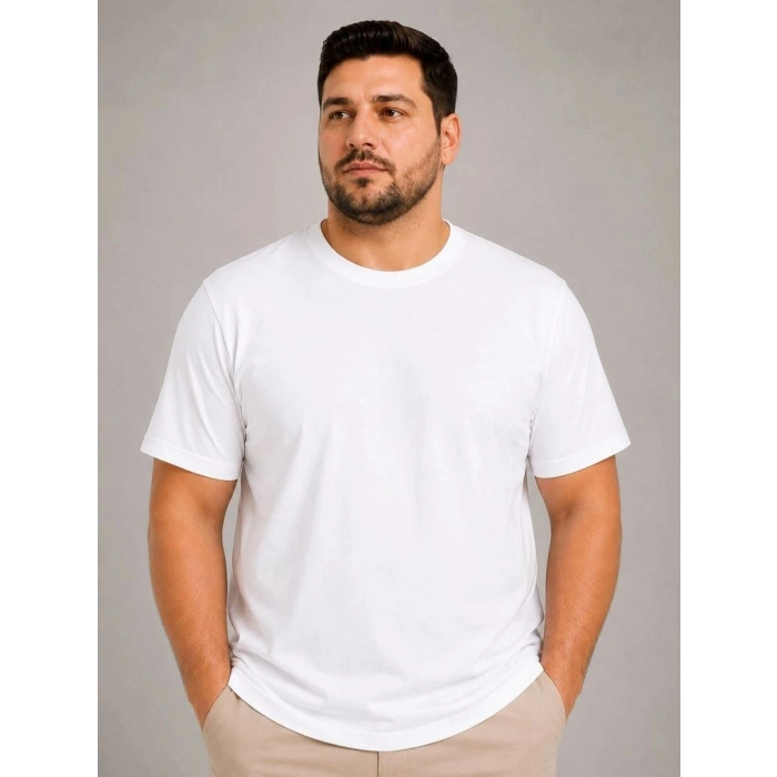 Erkek Battal Big Size Basic Tişört Bisiklet Yaka Rahat Kalıp T-Shirt - Beyaz