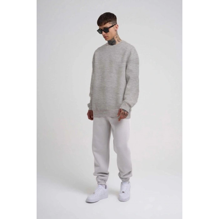 ERKEK Bisikilet Yaka 3 İplik Pamuklu SweatShirt - Gri