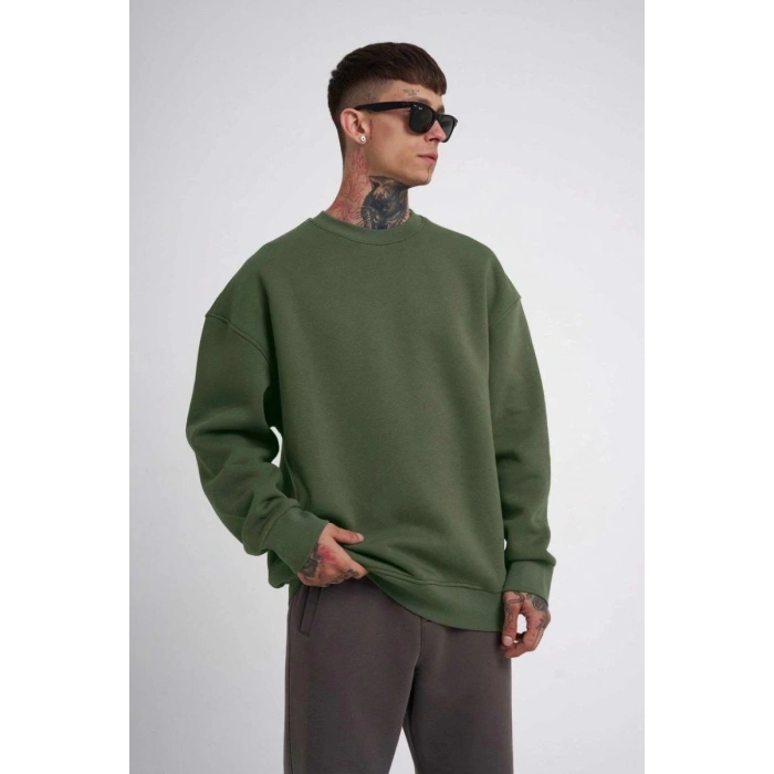 ERKEK Bisikilet Yaka 3 İplik Pamuklu SweatShirt - Haki