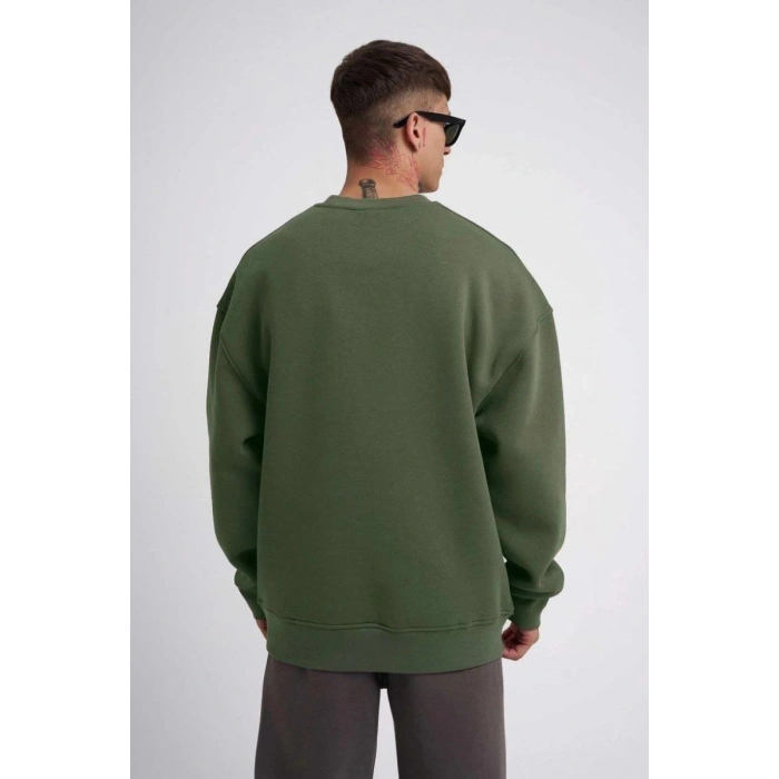 ERKEK Bisikilet Yaka 3 İplik Pamuklu SweatShirt - Haki