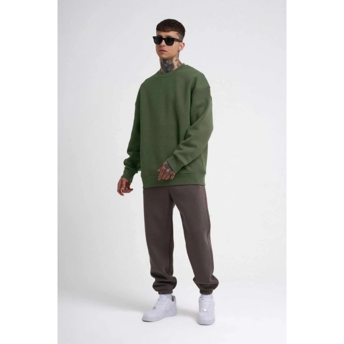 ERKEK Bisikilet Yaka 3 İplik Pamuklu SweatShirt - Haki