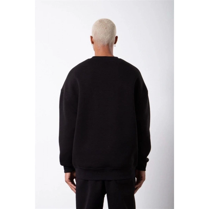 ERKEK Bisikilet Yaka 3 İplik Pamuklu SweatShirt - Siyah