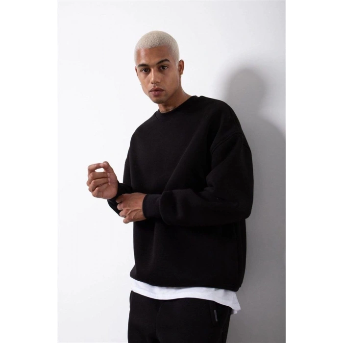 ERKEK Bisikilet Yaka 3 İplik Pamuklu SweatShirt - Siyah
