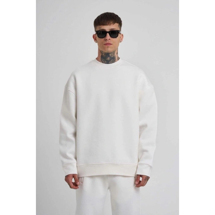 ERKEK Bisikilet Yaka 3 plik Pamuklu SweatShirt - Beyaz