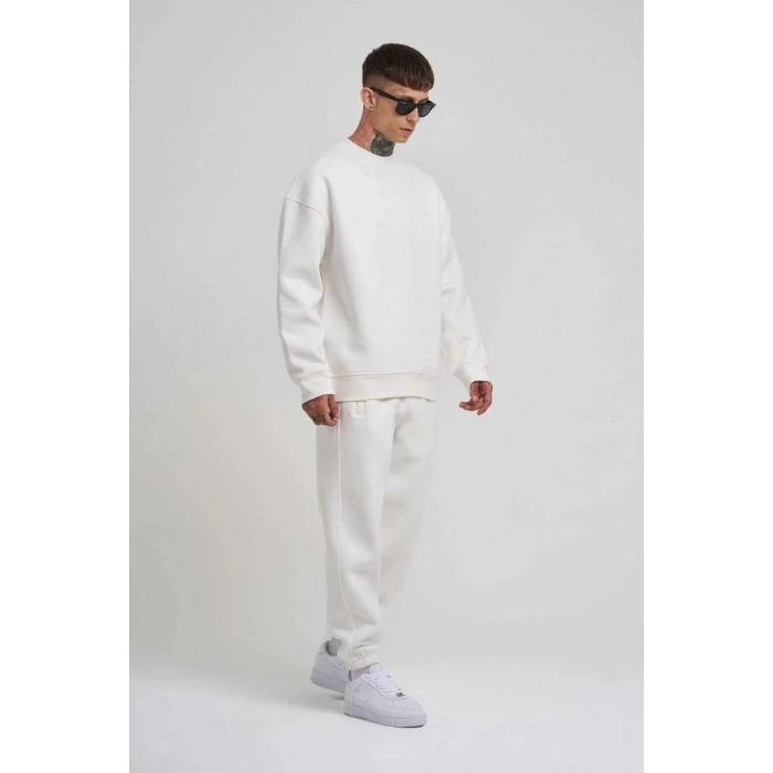 ERKEK Bisikilet Yaka 3 plik Pamuklu SweatShirt - Beyaz