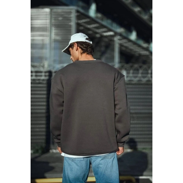 Erkek Bisiklet Yaka 3 iplik Pamuklu Basic SweatShirt  - Antrasit