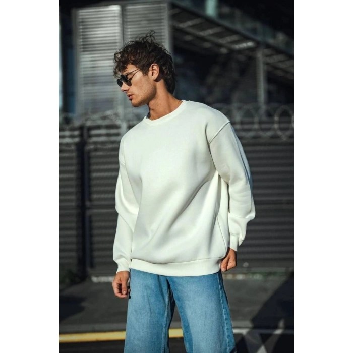 Erkek  Bisiklet Yaka 3 İplik Pamuklu Basic SweatShirt - Beyaz
