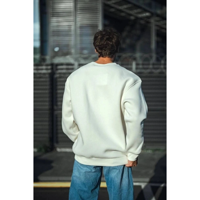 Erkek  Bisiklet Yaka 3 İplik Pamuklu Basic SweatShirt - Beyaz