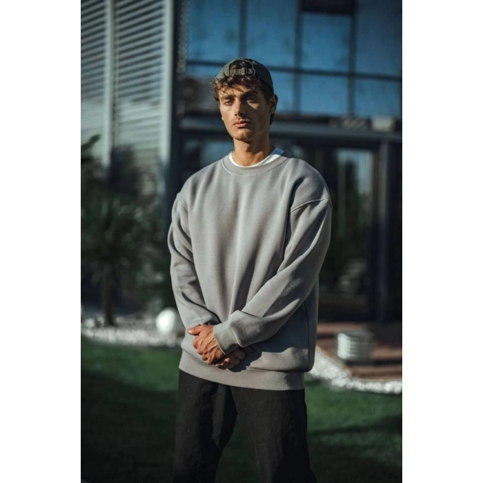 Erkek Bisiklet Yaka 3 İplik pamuklu Basic SweatShirt - Boyalı Gri
