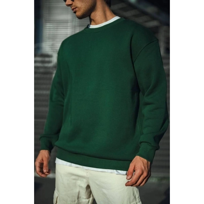 Erkek Bisiklet Yaka 3 İplik Pamuklu Basic SweatShirt - Haki