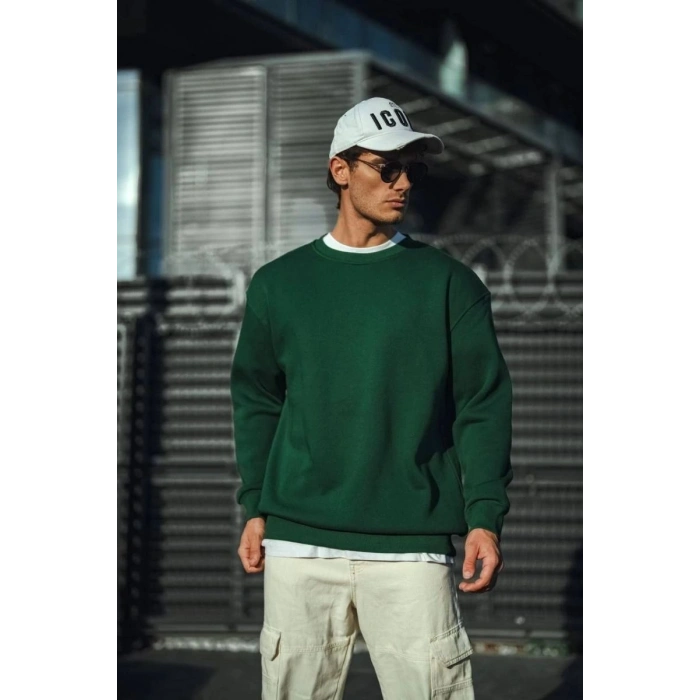 Erkek Bisiklet Yaka 3 İplik Pamuklu Basic SweatShirt - Haki