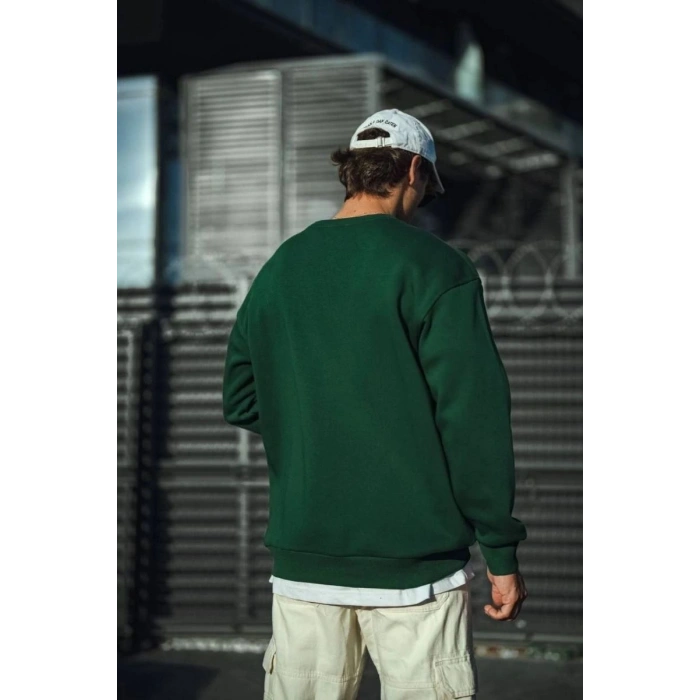 Erkek Bisiklet Yaka 3 İplik Pamuklu Basic SweatShirt - Haki