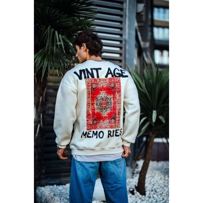 Erkek Bisiklet Yaka 3 İplik pamuklu Baskılı SweatShirt - Beyaz
