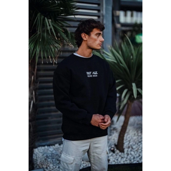 Erkek Bisiklet Yaka 3 İplik Pamuklu Baskılı SweatShirt - Siyah