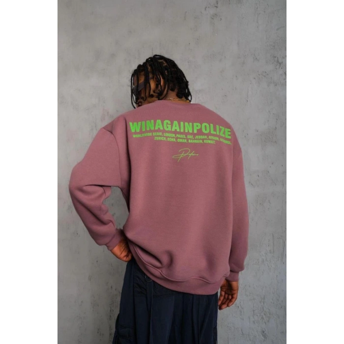 Erkek Bisiklet Yaka Baskılı 3 iplik pamuklu Sweatshirt - Gül Kurusu