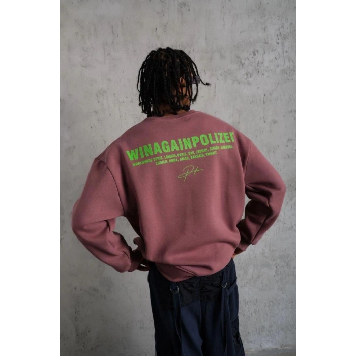 Erkek Bisiklet Yaka Baskılı 3 iplik pamuklu Sweatshirt - Gül Kurusu