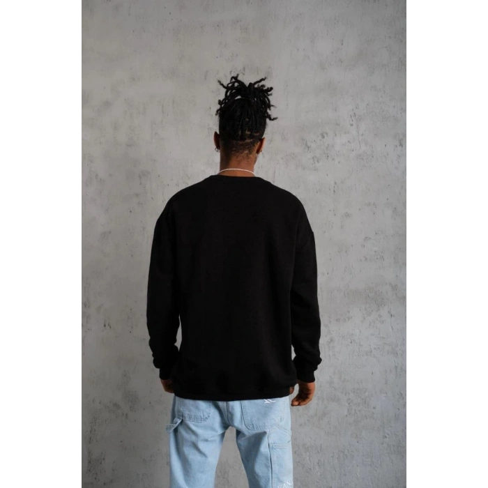 Erkek Bisiklet Yaka Baskılı 3 İplik Pamuklu Sweatshirt -  Siyah