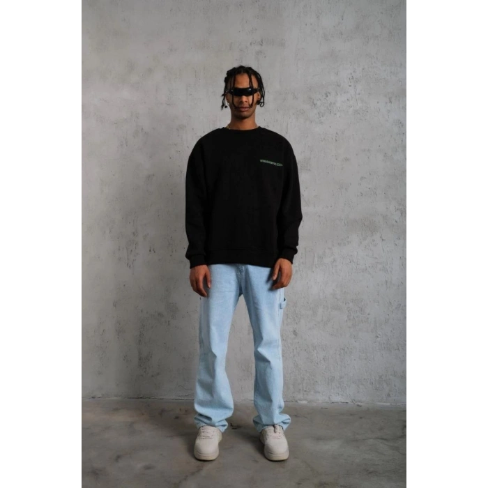 Erkek Bisiklet Yaka Baskılı 3 iplik pamuklu Sweatshirt - Siyah