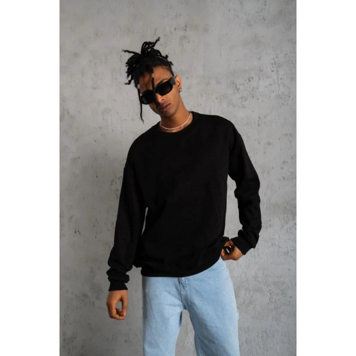 Erkek Bisiklet Yaka Baskılı 3 İplik Pamuklu Sweatshirt -  Siyah