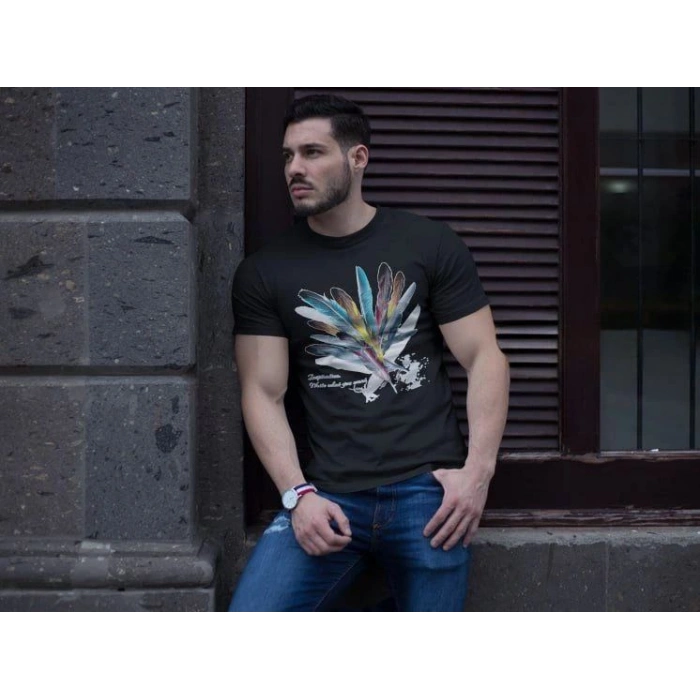 ERKEK Bisiklet Yaka Baskılı Kısa kol T-Shirt - Siyah