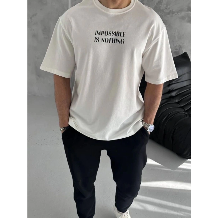 Erkek Bisiklet Yaka Baskılı Oversize  Kısa kol T-Shirt - Beyaz