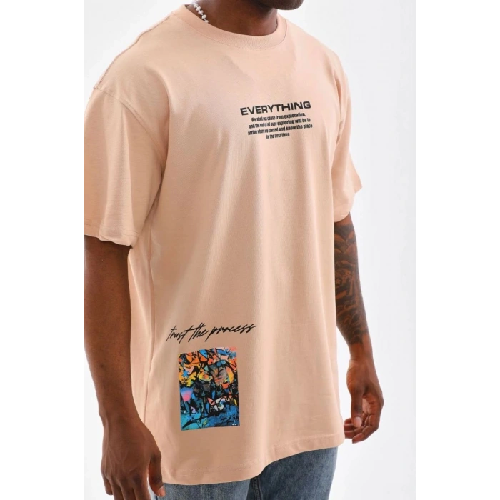 Erkek  Bisiklet Yaka Baskılı Oversize T-Shirt - Bej