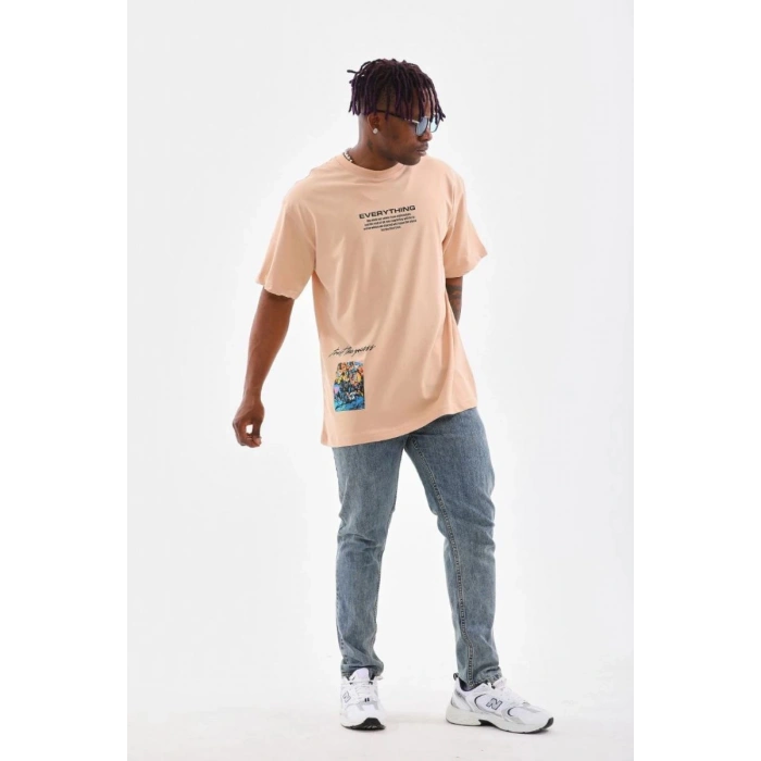 Erkek  Bisiklet Yaka Baskılı Oversize T-Shirt - Bej