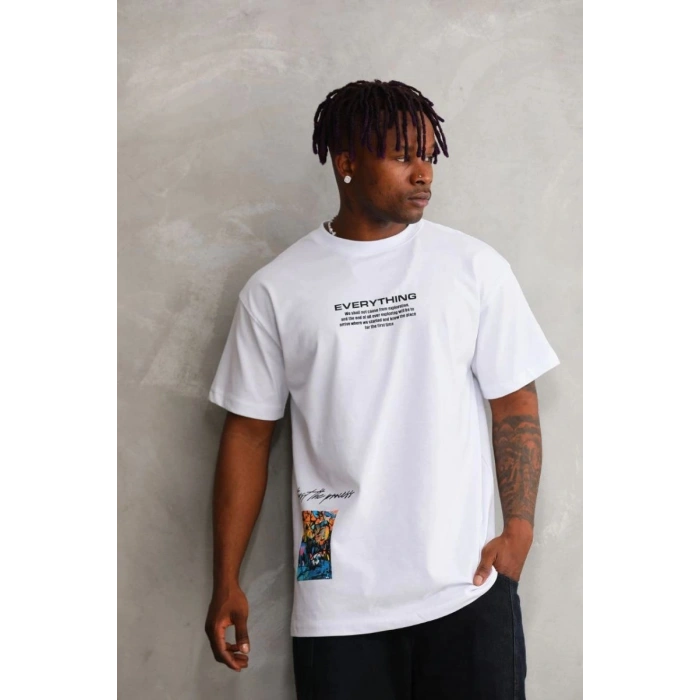 Erkek Bisiklet Yaka Baskılı Oversize T-Shirt - Beyaz