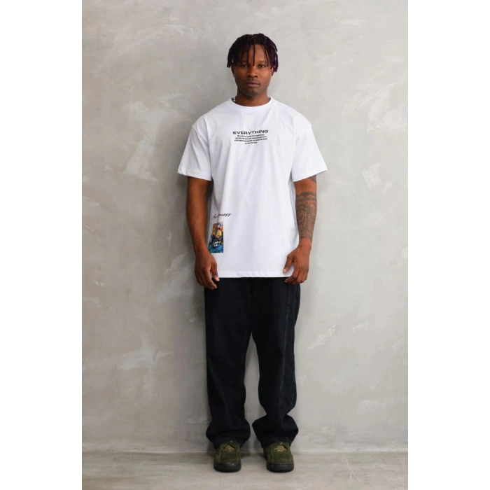 Erkek Bisiklet Yaka Baskılı Oversize T-Shirt - Beyaz