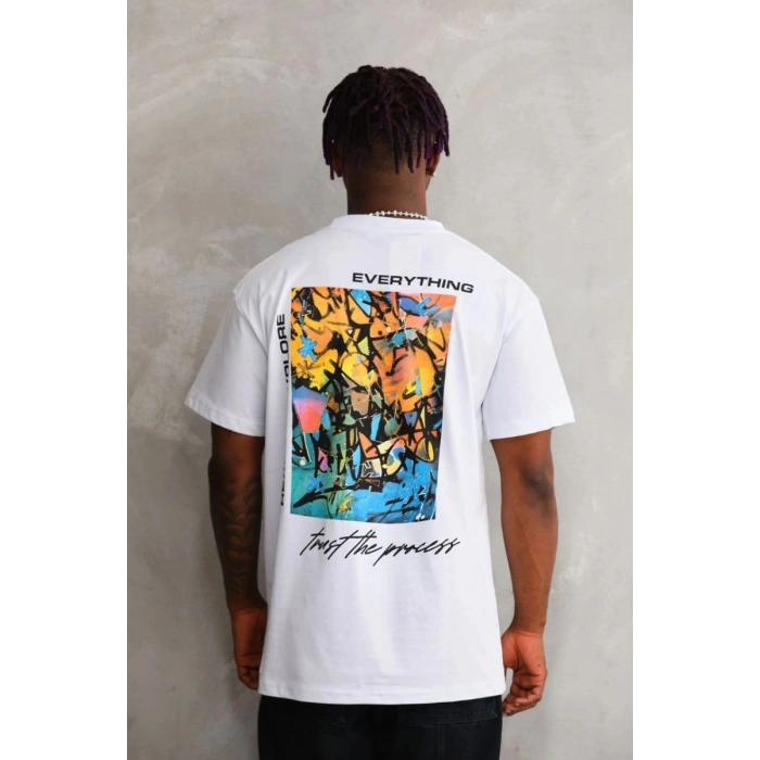 Erkek Bisiklet Yaka Baskılı Oversize T-Shirt - Beyaz