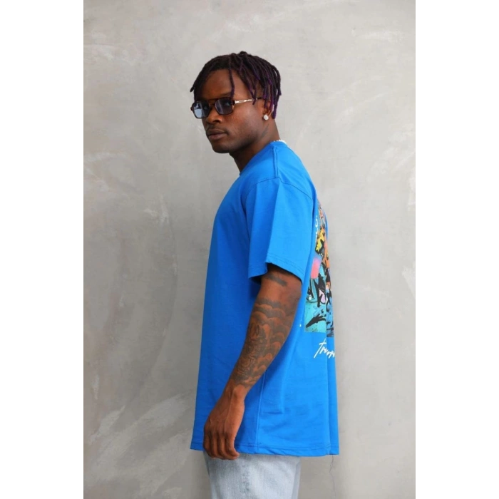 Erkek Bisiklet Yaka Baskılı Oversize T-Shirt - Mavi
