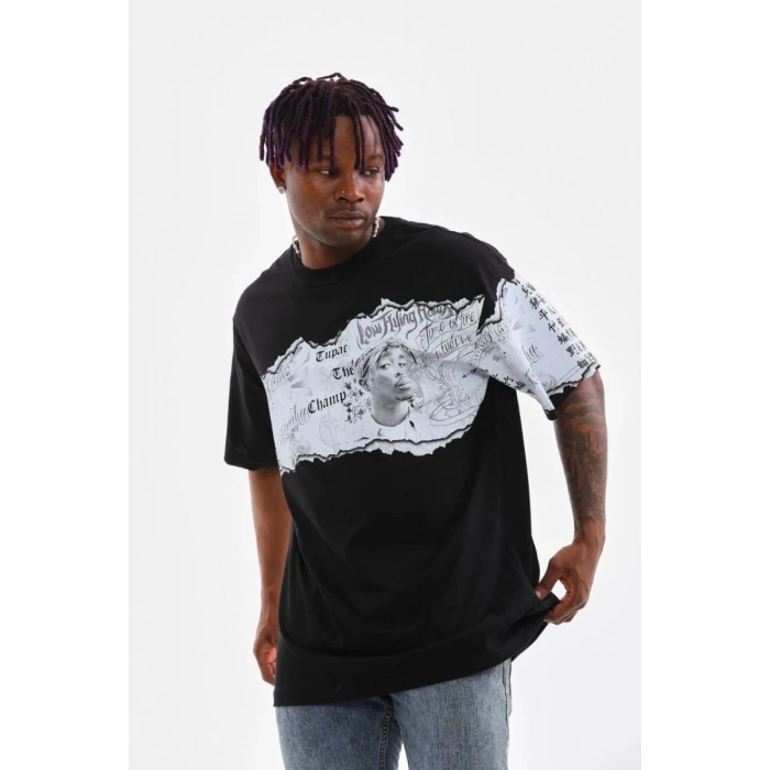 Erkek  Bisiklet Yaka Baskılı Oversize T-Shirt - Siyah