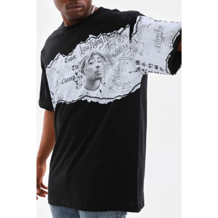 Erkek  Bisiklet Yaka Baskılı Oversize T-Shirt - Siyah