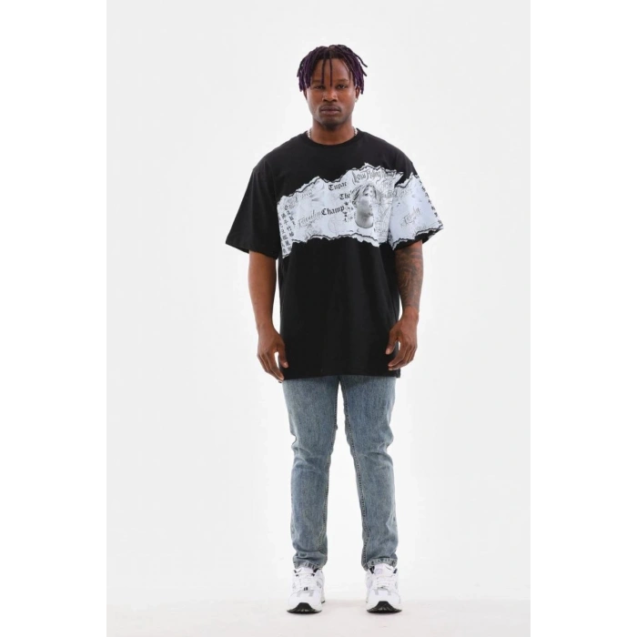 Erkek  Bisiklet Yaka Baskılı Oversize T-Shirt - Siyah