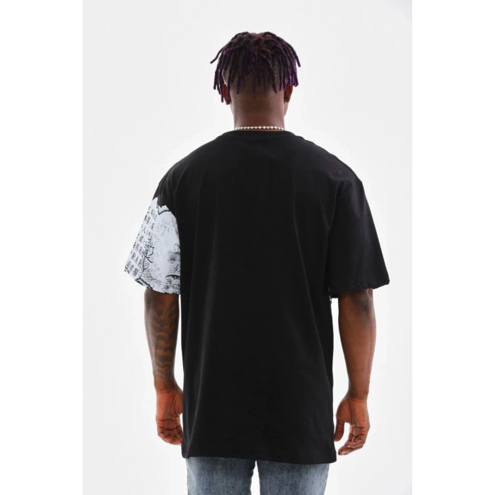 Erkek  Bisiklet Yaka Baskılı Oversize T-Shirt - Siyah