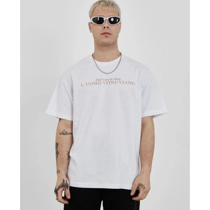 Erkek Bisiklet Yaka Tişort Baskılı Oversize kısa kol T-Shirt - Beyaz