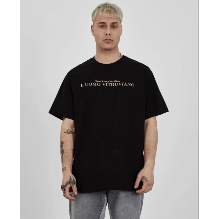 ERKEK Bisiklet Yaka Tişort Baskılı Oversize kısa kol T-Shirt - Siyah