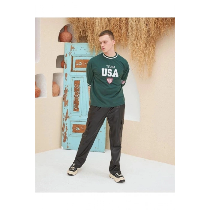 Erkek Bisiklet Yaka Tişört Nakış İşlemeli Kısa Kol Oversize T-Shirt - Yeşil