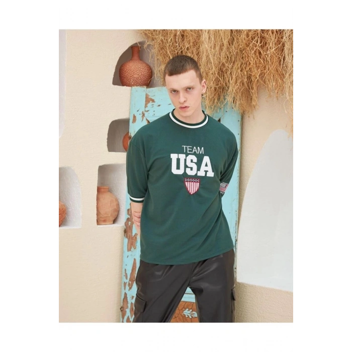 Erkek Bisiklet Yaka Tişört Nakış İşlemeli Kısa Kol Oversize T-Shirt - Yeşil