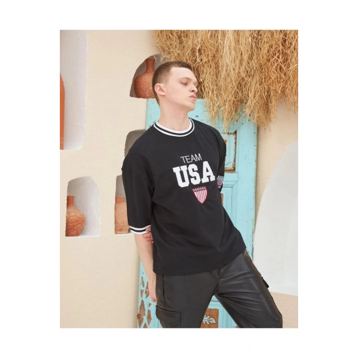 Erkek Bisiklet Yaka Tişört Nakış İşlemeli Kısa Kol Oversize T-ShirtSiyah