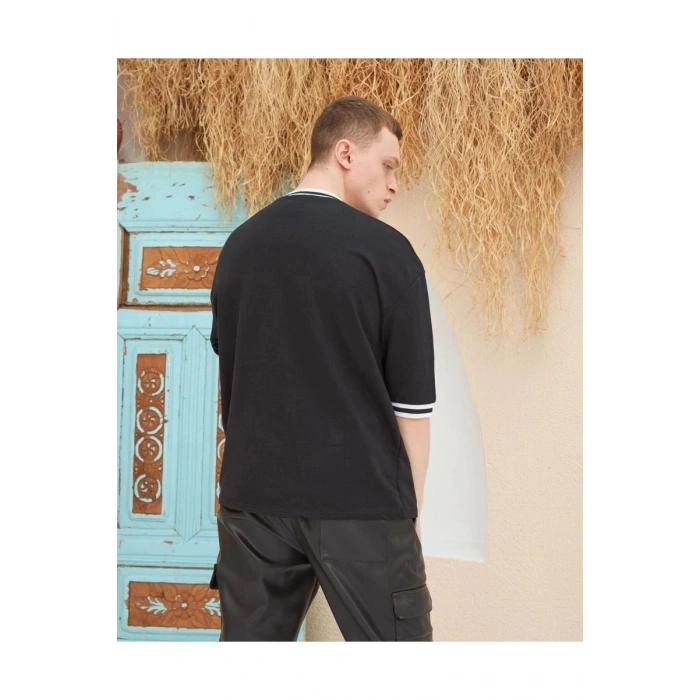 Erkek Bisiklet Yaka Tişört Nakış İşlemeli Kısa Kol Oversize T-ShirtSiyah
