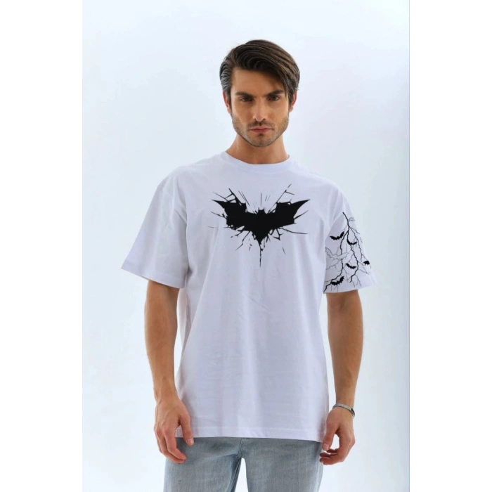 ERKEK Bisiklet yaka tişort Ön ve Kol YARASA Baskılı T-shirt - Beyaz
