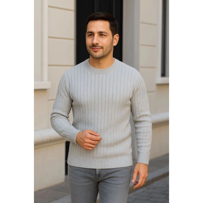 Erkek Bisiklet Yaka Triko Kazak Pamuklu Kalın Fitilli Dokuma Regular Fit - Gri