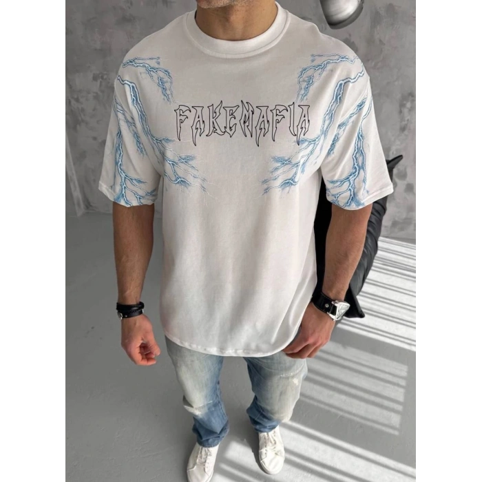Erkek Bisiklet Yaka Yıldırım Baskılı  Kısa kol T-Shirt - Beyaz